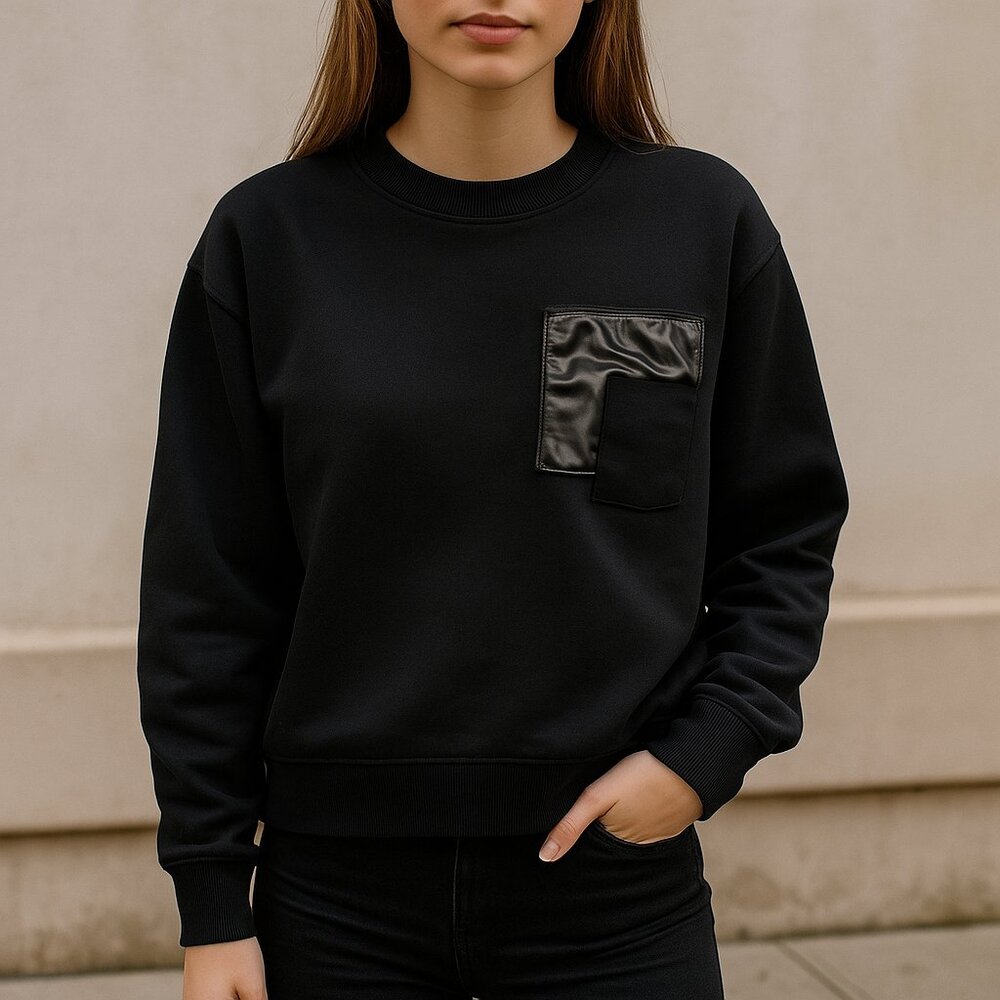 Zara Faux Leather Pocket Black Crewneck Sweatshirt Goth Bikercore Grunge Size M